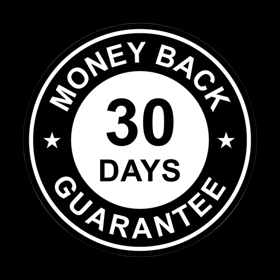Money back guarantee logo with '30 days' text on a white background