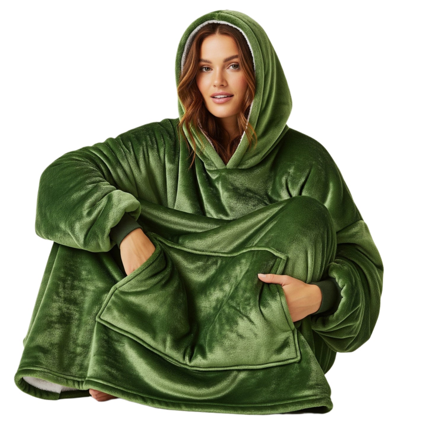 Person wearing a green hooded blanket on a white background